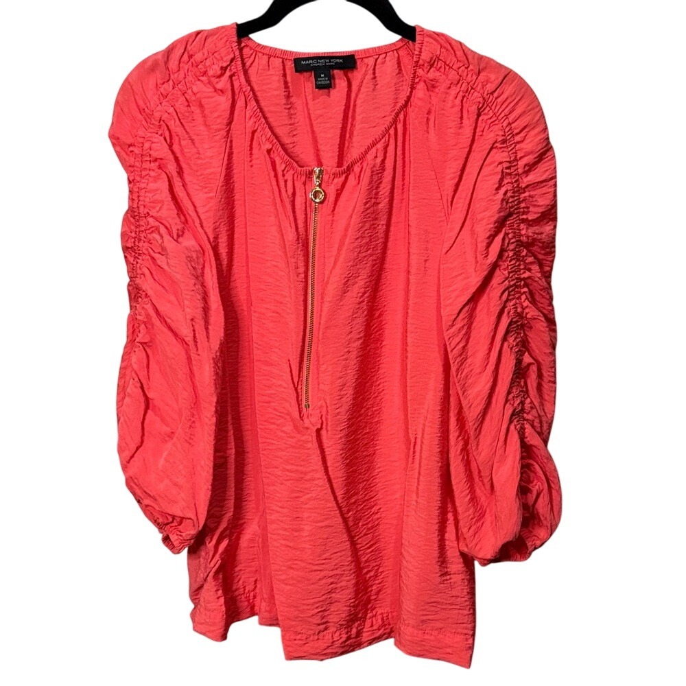 MARC NEW YORK Women's Blouse Ruched Sleeve Coral Gold Zipper Pullover‎
